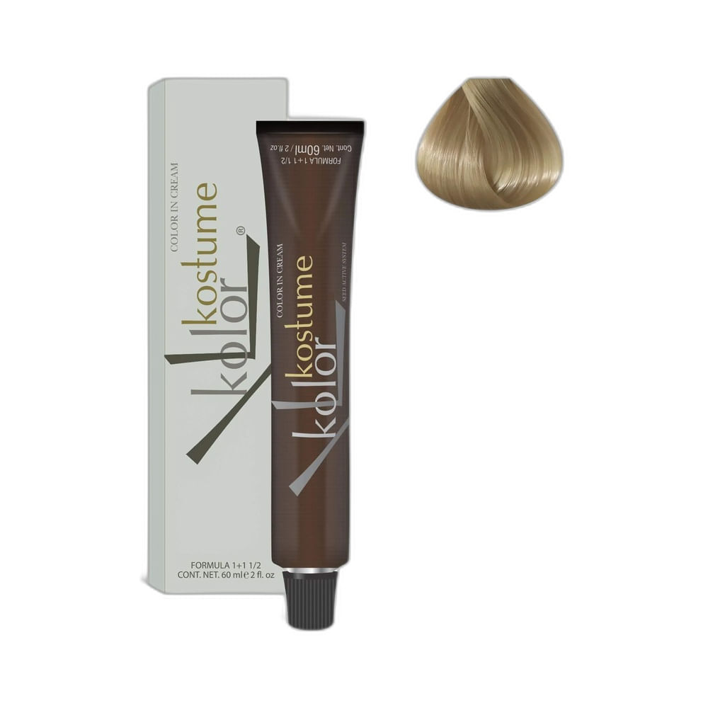 Imagem do produto coloração capilar Kostume Kolor na tonalidade 10 Loiro Claríssimo com caixa branca e tubo marrom escuro.